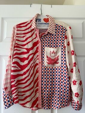 Women's Red & White Mixed-Patterned Blouse and matching Midi Skirt